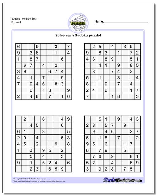 Math Worksheets Sudoku Sudoku Sudoku Medium Set 1 (Fourth Worksheet)