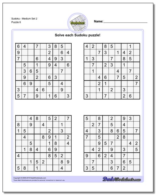 Math Worksheets: Sudoku: Sudoku: Sudoku - Medium Set 2