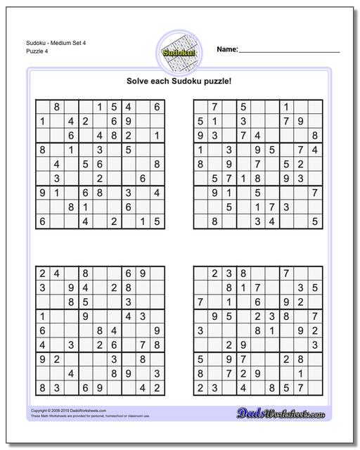 Math Worksheets: Sudoku: Sudoku: Sudoku - Medium Set 4 (Fourth Worksheet)