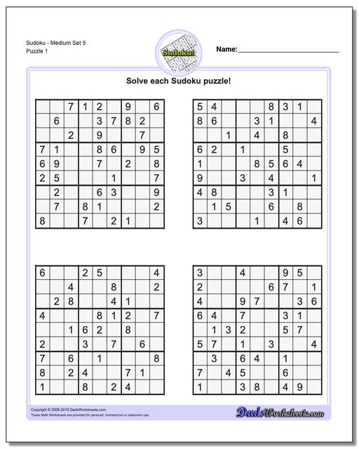 Free Printable Medium Level Sudoku