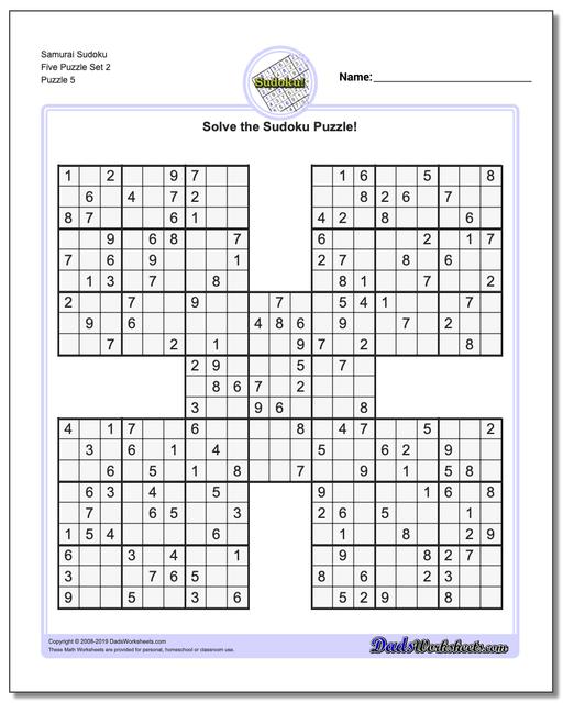 Math Worksheets Sudoku Sudoku Samurai Sudoku Five Puzzle Set 2