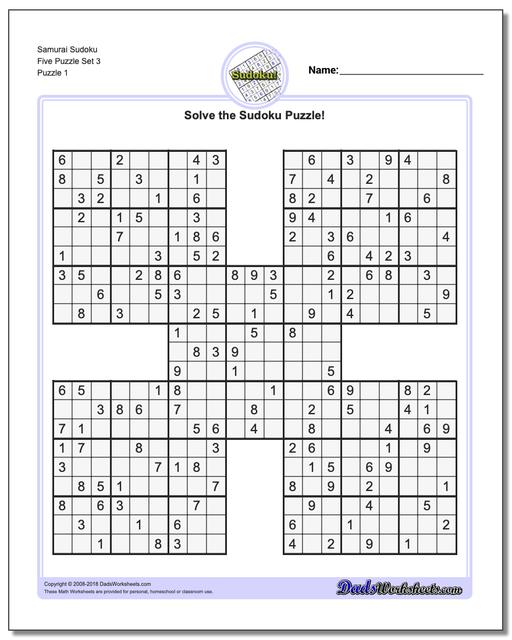 Printable Sudoku Puzzle Samurai Five Puzzle Set 3