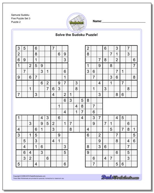 Samurai Sudoku Five Puzzle Set 3 www.dadsworksheets.com/puzzles/sudoku.html