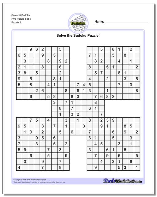 Samurai Sudoku Five Puzzle Set 4 www.dadsworksheets.com/puzzles/sudoku.html