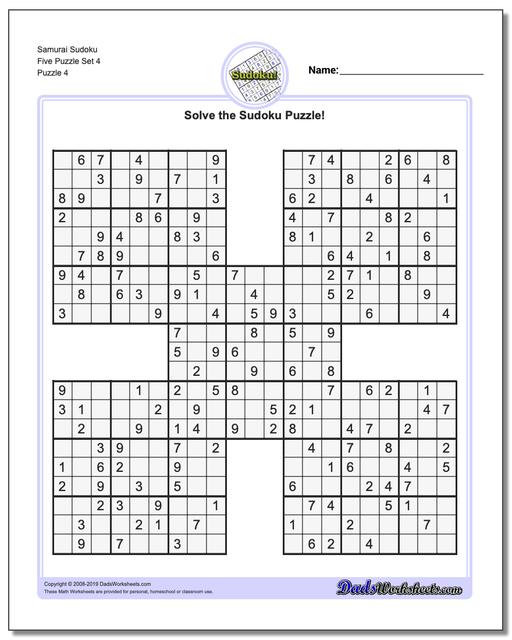 Math Worksheets Sudoku Sudoku Samurai Sudoku Five Puzzle Set 4