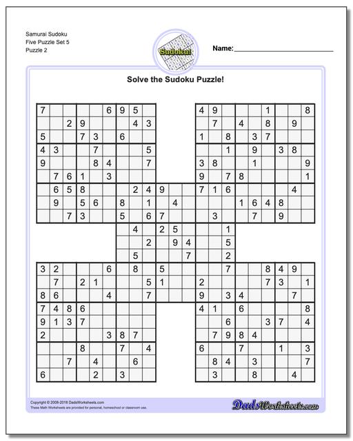 Samurai Sudoku Five Puzzle Set 5 www.dadsworksheets.com/puzzles/sudoku.html