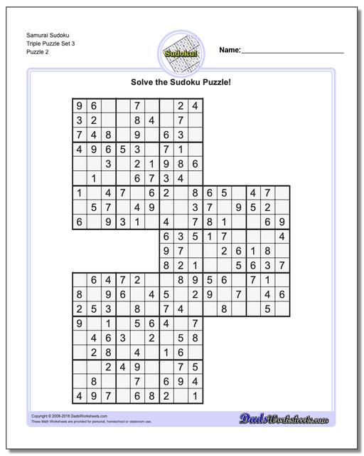 Samurai Sudoku Triple Puzzle Set 3 www.dadsworksheets.com/puzzles/sudoku.html
