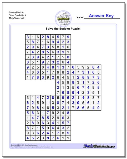 Printable Sudoku Puzzle Samurai Triple Puzzle Set 4