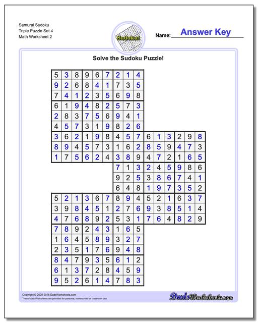 Samurai Sudoku Triple Puzzle Set 4 www.dadsworksheets.com/puzzles/sudoku.html