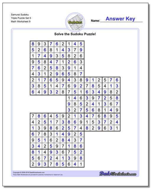 Samurai Sudoku Triple Puzzle Set 5