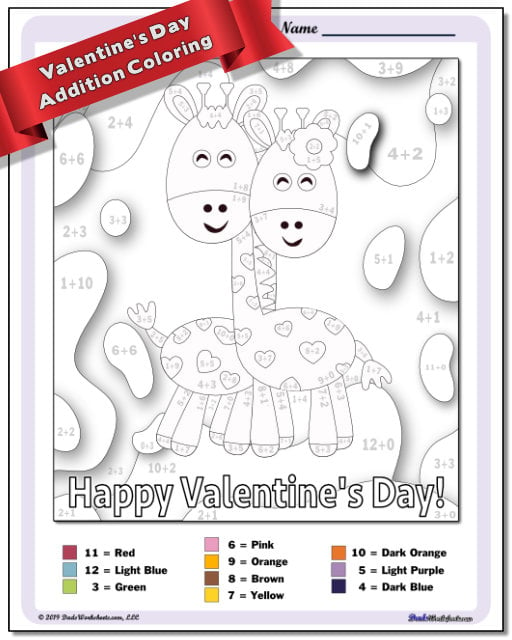 Valentine's Day Addition Color by Number Worksheet