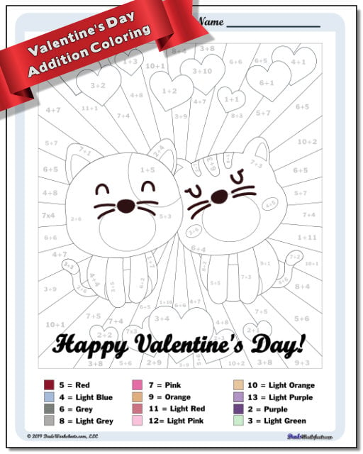 Valentine's Day Addition Color by Number Worksheet