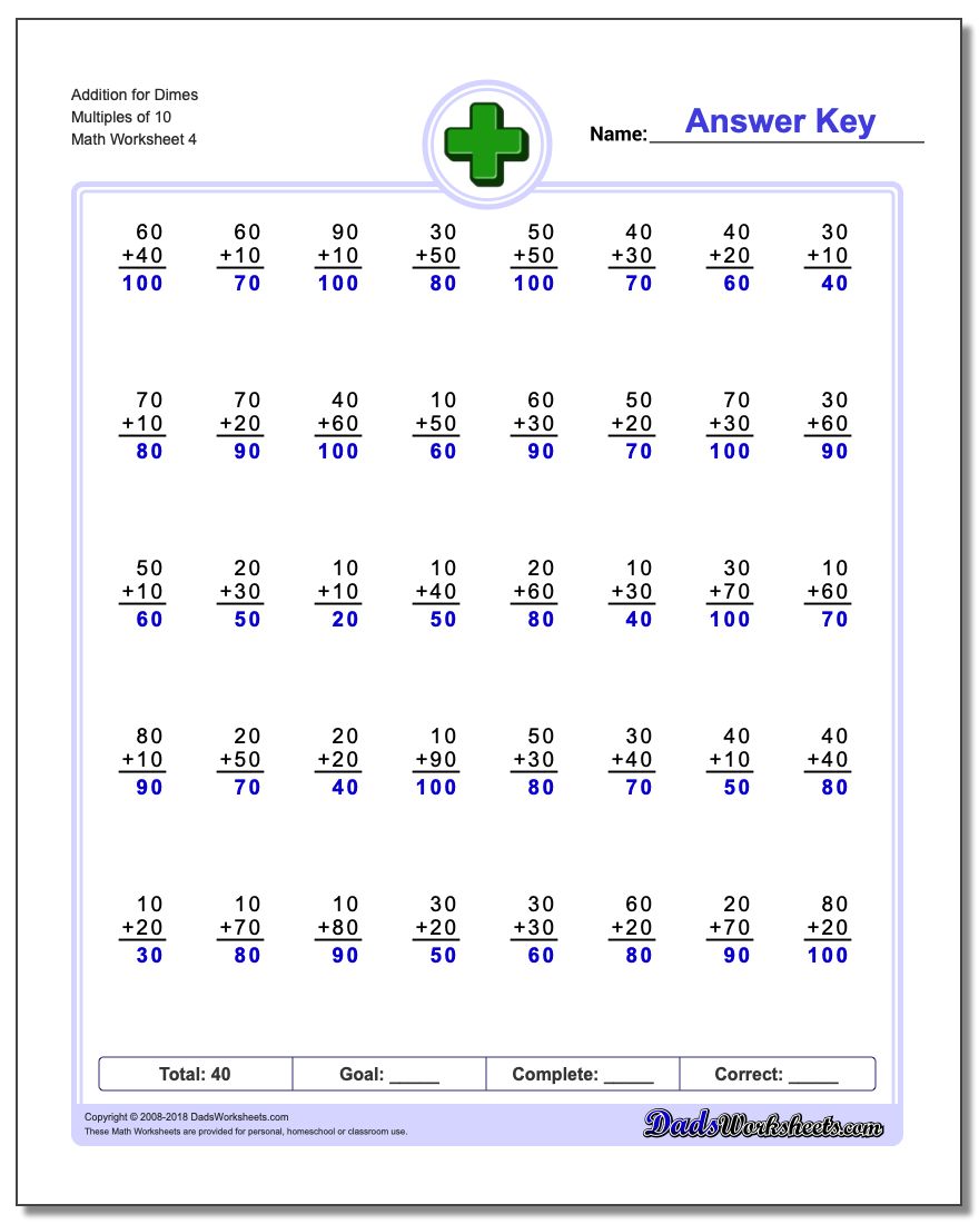 Addition Worksheet for Dimes Multiples of 10