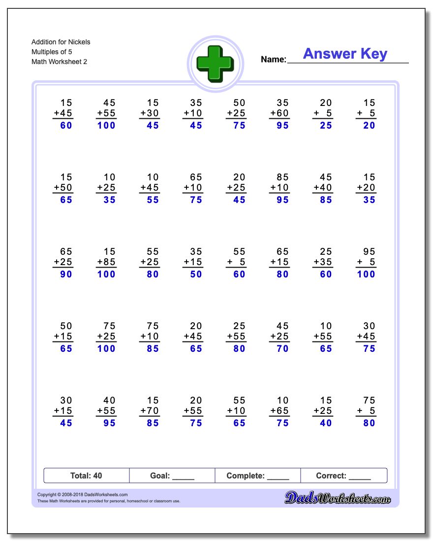 Addition Worksheet for Nickels Multiples of 5 www.dadsworksheets.com/worksheets/addition.html