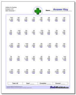 Addition Worksheet for Quarters Multiples of 25
