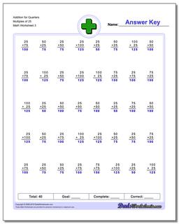 Addition Worksheet for Quarters Multiples of 25