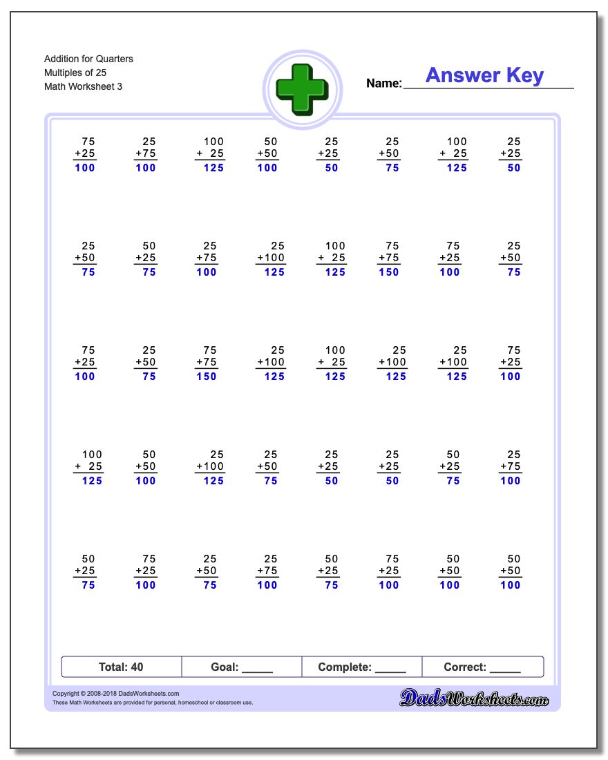 Addition Worksheet for Quarters Multiples of 25