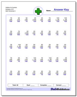 Addition Worksheet for Quarters Multiples of 25