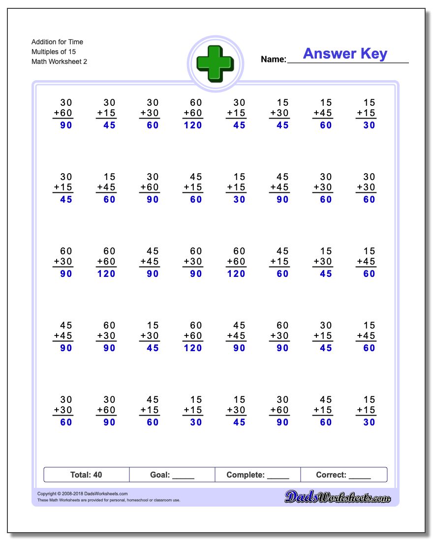 Addition Worksheet for Time Multiples of 15 www.dadsworksheets.com/worksheets/addition.html