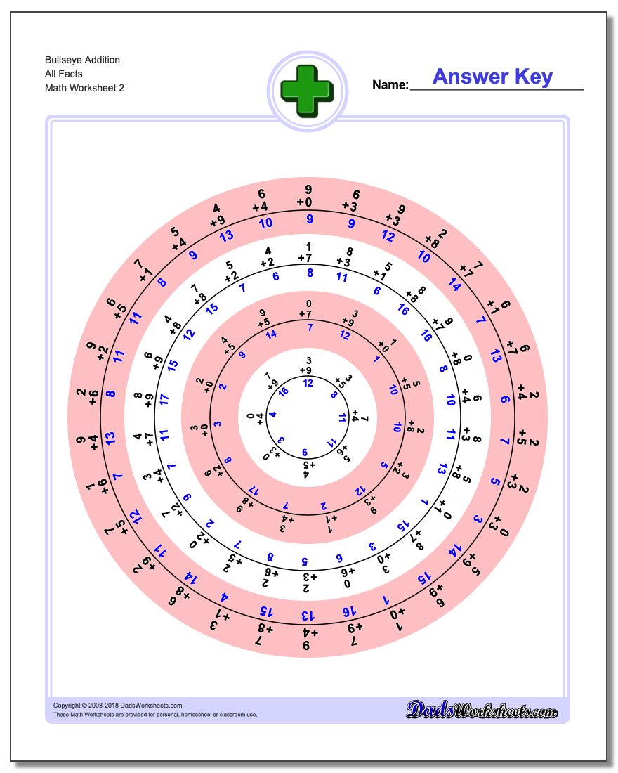 Bullseye Addition Worksheet All Facts www.dadsworksheets.com/worksheets/addition.html