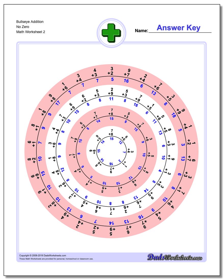 Bullseye Addition Worksheet No Zero www.dadsworksheets.com/worksheets/addition.html