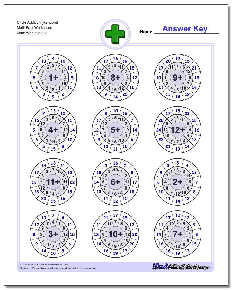Circle Addition (Random) Math Fact Worksheet www.dadsworksheets.com/worksheets/addition.html