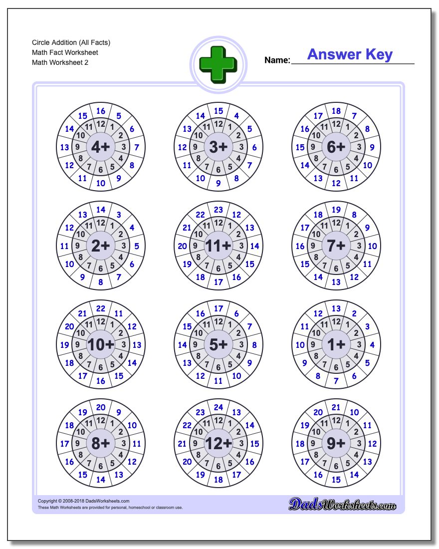Circle Addition (All Facts) Math Fact Worksheet www.dadsworksheets.com/worksheets/addition.html