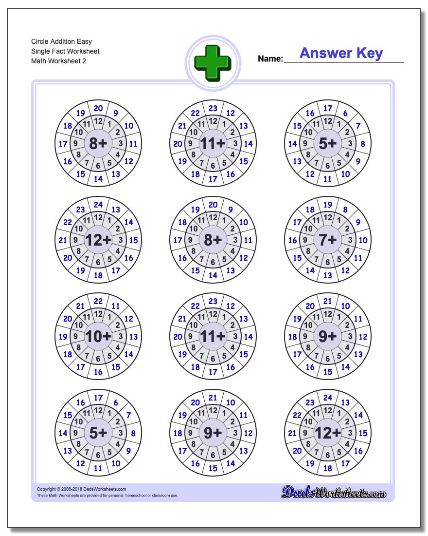 Circle Addition Easy Single Fact Worksheet www.dadsworksheets.com/worksheets/addition.html