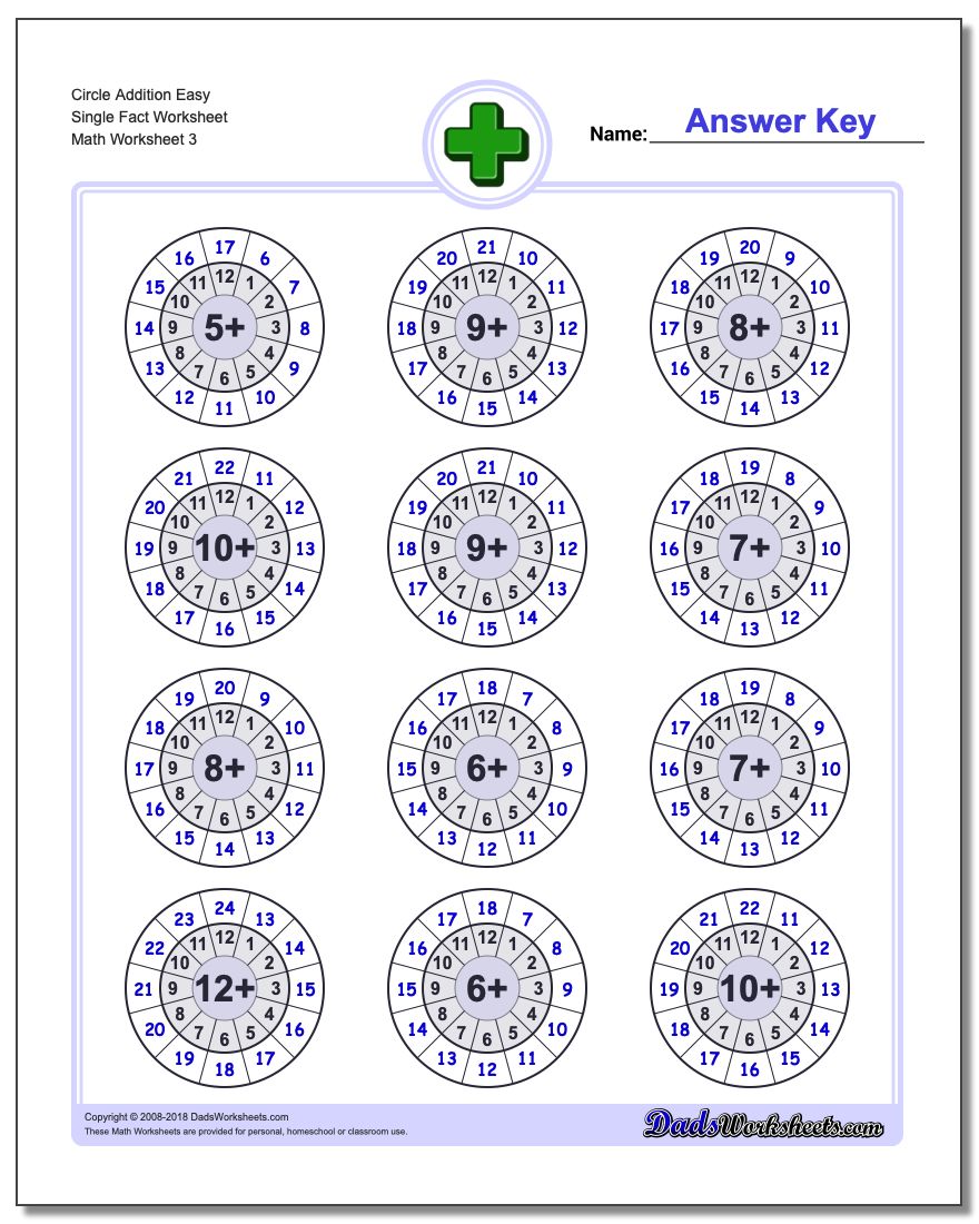 Circle Addition Easy Single Fact Worksheet