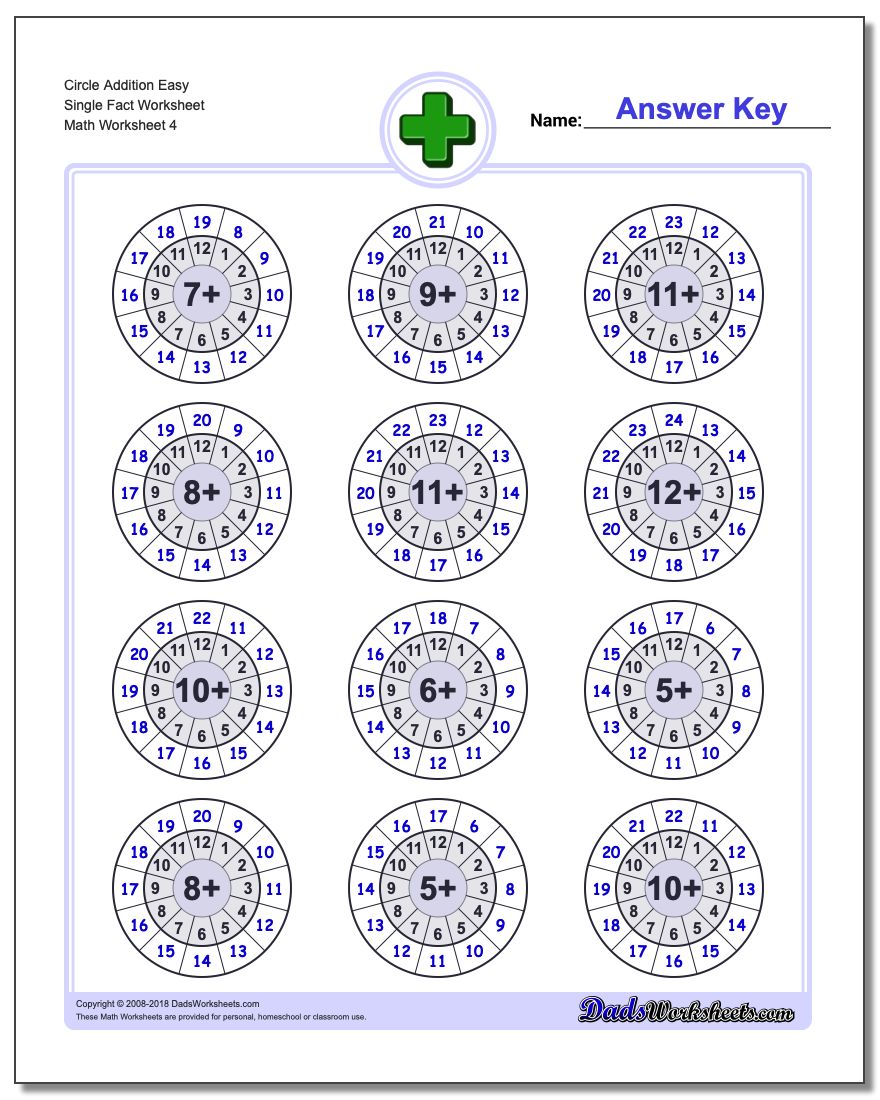 Circle Addition Easy Single Fact Worksheet