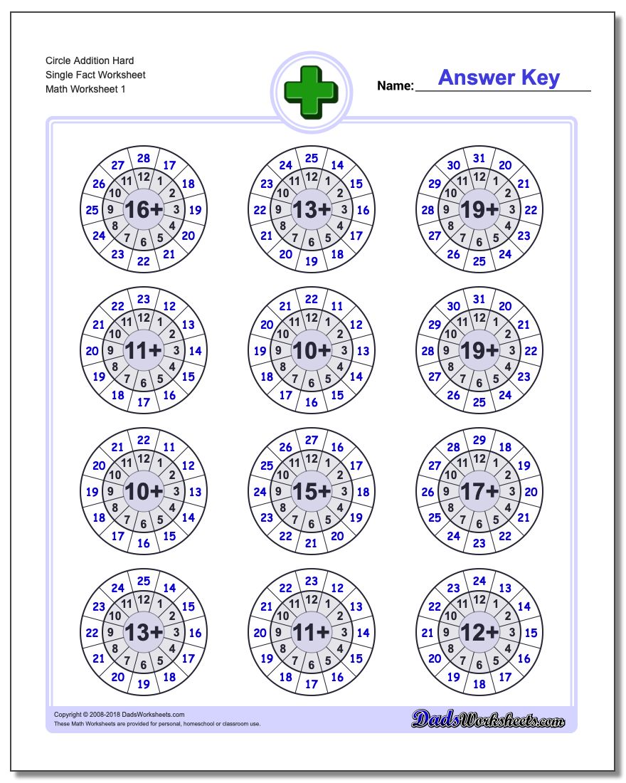 Addition Worksheet Circle Hard Single Fact Worksheet
