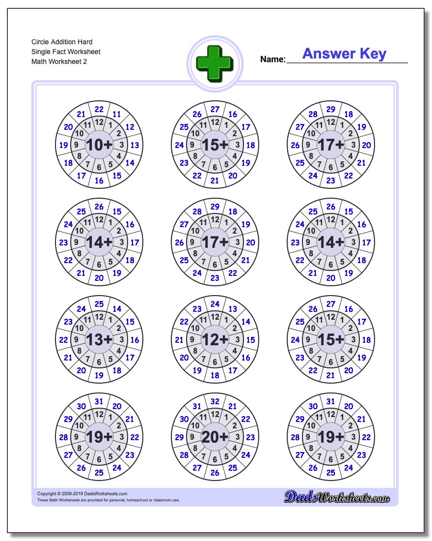 Circle Addition Hard Single Fact Worksheet www.dadsworksheets.com/worksheets/addition.html