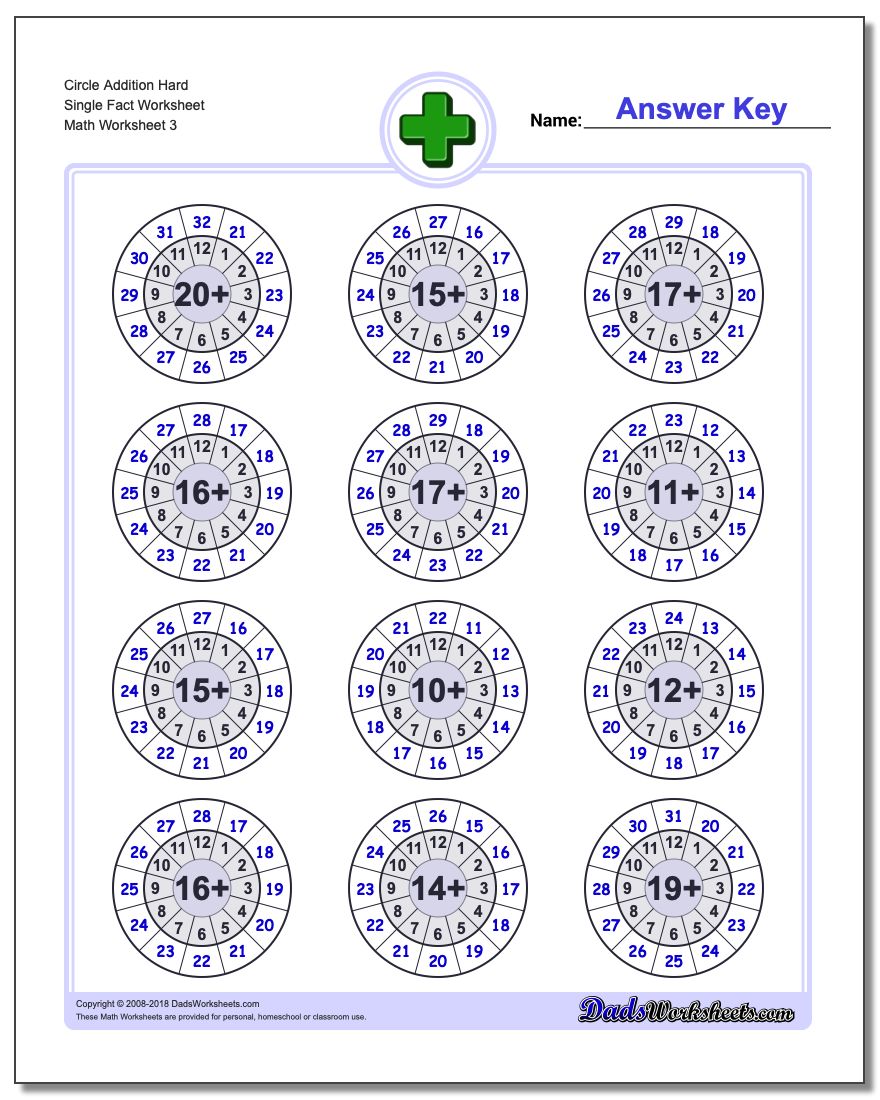 Circle Addition Hard Single Fact Worksheet