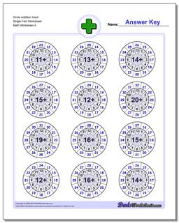 Circle Addition Hard Single Fact Worksheet