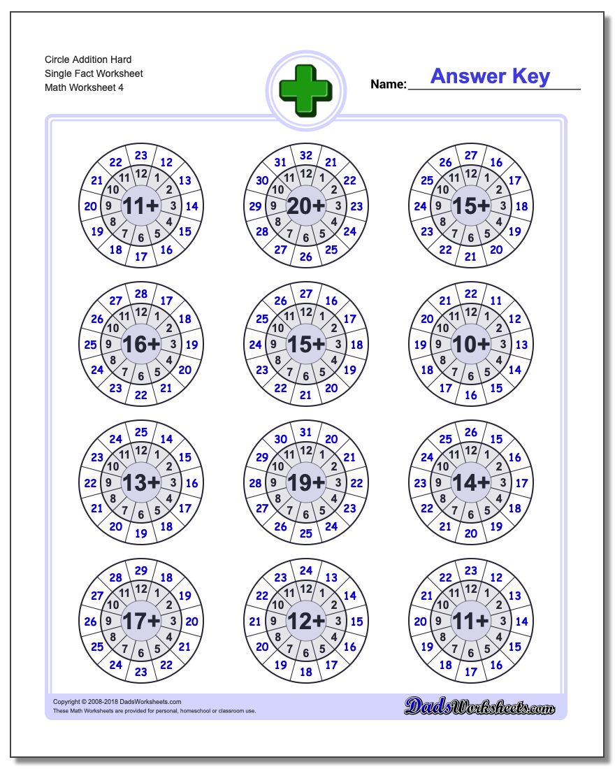 Circle Addition Hard Single Fact Worksheet