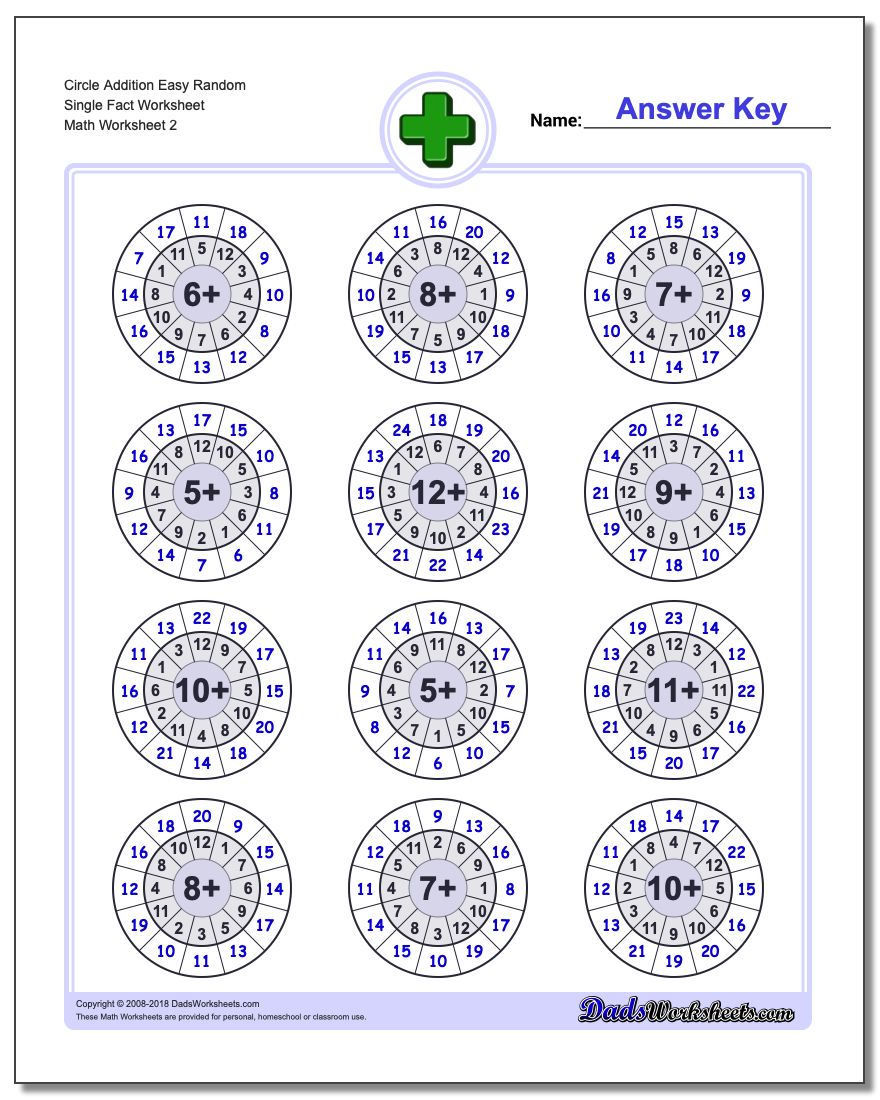 Circle Addition Easy Random Single Fact Worksheet www.dadsworksheets.com/worksheets/addition.html