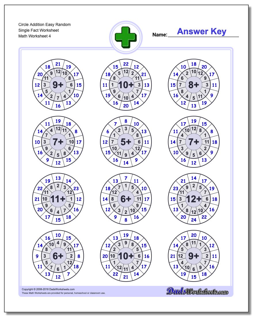 Circle Addition Easy Random Single Fact Worksheet