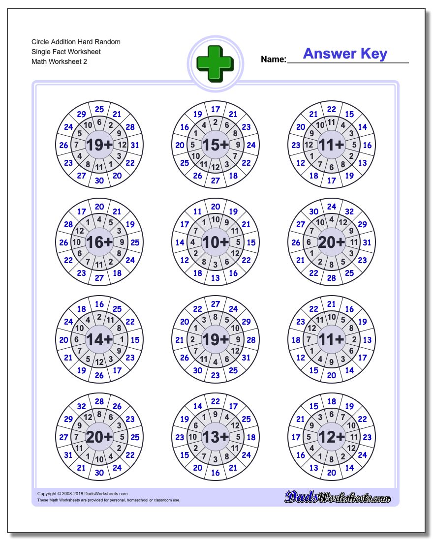 Circle Addition Hard Random Single Fact Worksheet www.dadsworksheets.com/worksheets/addition.html