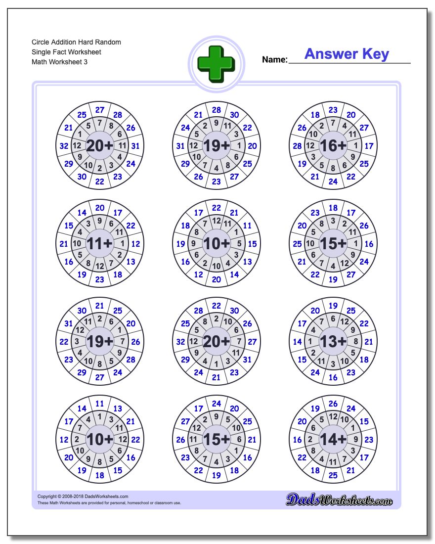 Circle Addition Hard Random Single Fact Worksheet