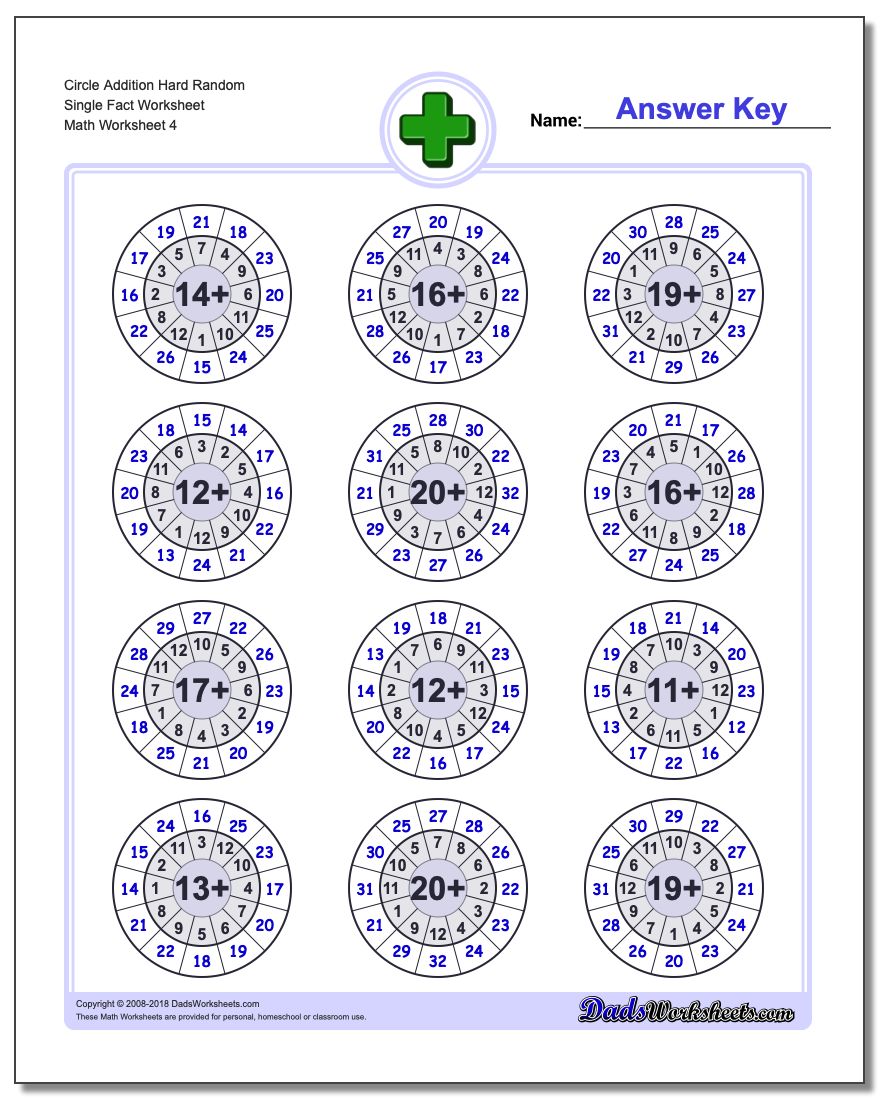 Circle Addition Hard Random Single Fact Worksheet
