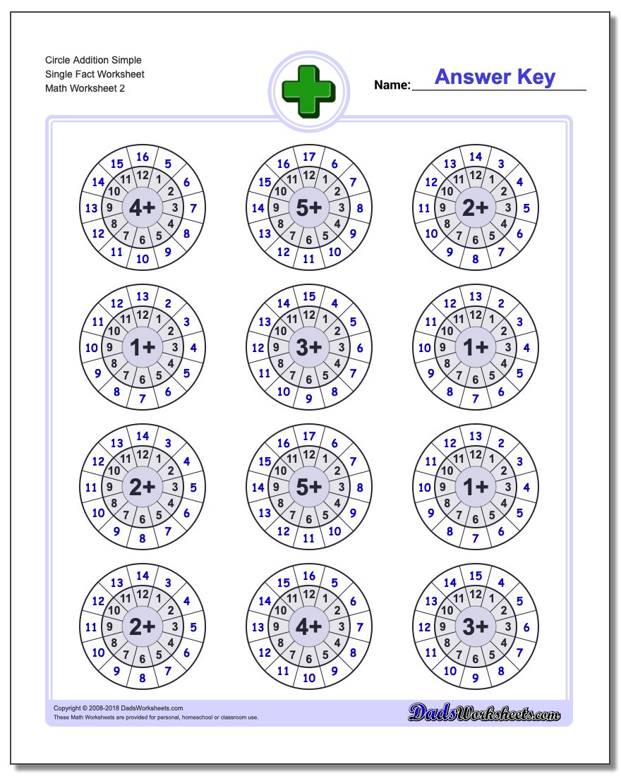 Circle Addition Simple Single Fact Worksheet www.dadsworksheets.com/worksheets/addition.html