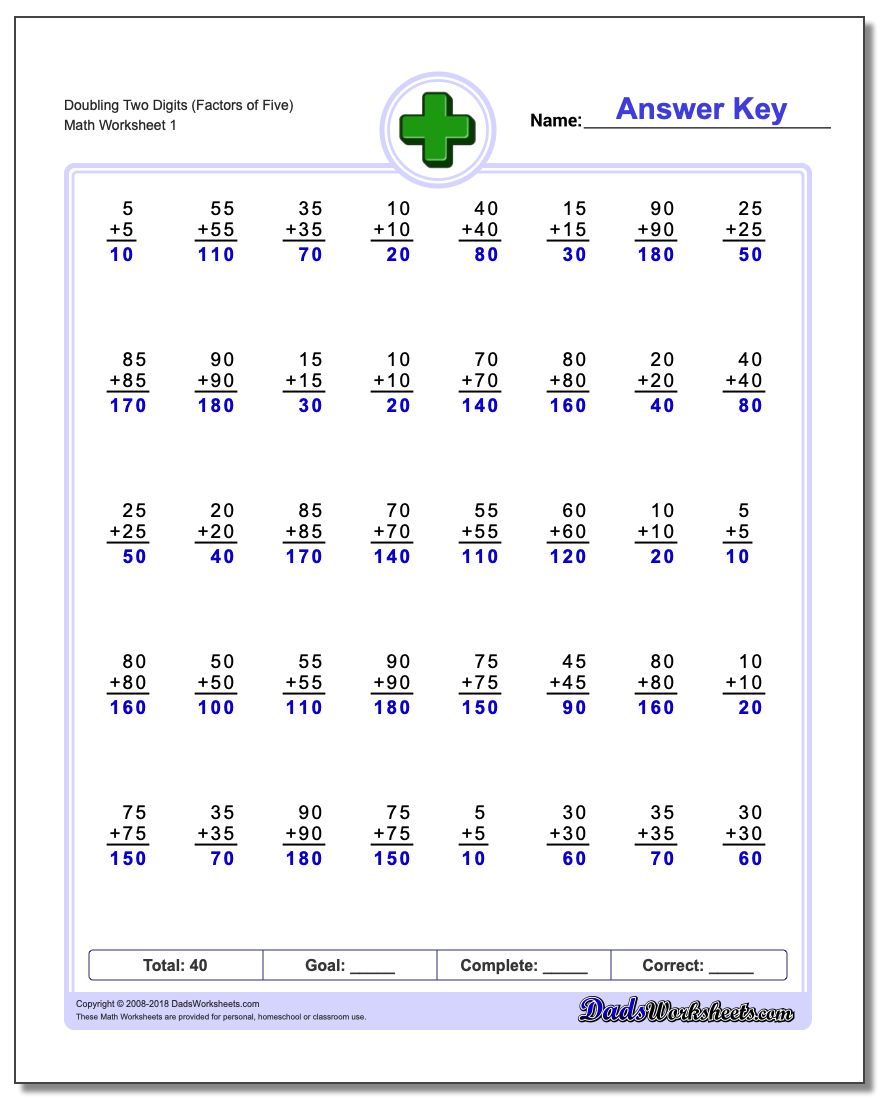 Doubling Two Digits (Factors of Five) Addition Worksheet