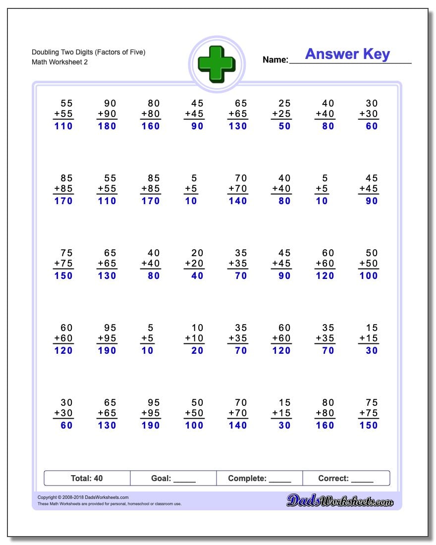 Doubling Two Digits (Factors of Five) www.dadsworksheets.com/worksheets/addition.html Worksheet