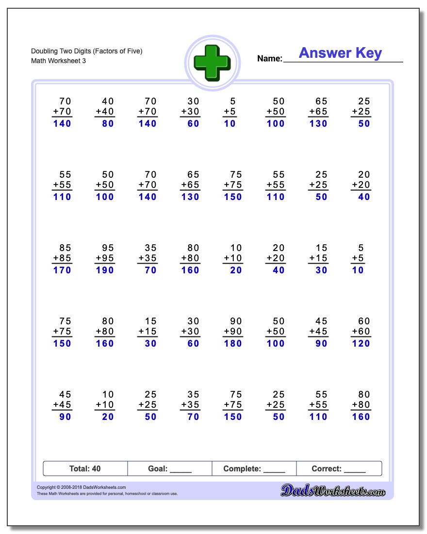 Doubling Two Digits (Factors of Five) Worksheet