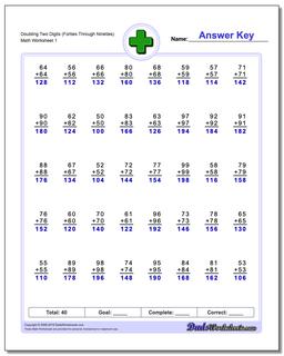 Doubling Two Digits (Forties Through Nineties) Addition Worksheet
