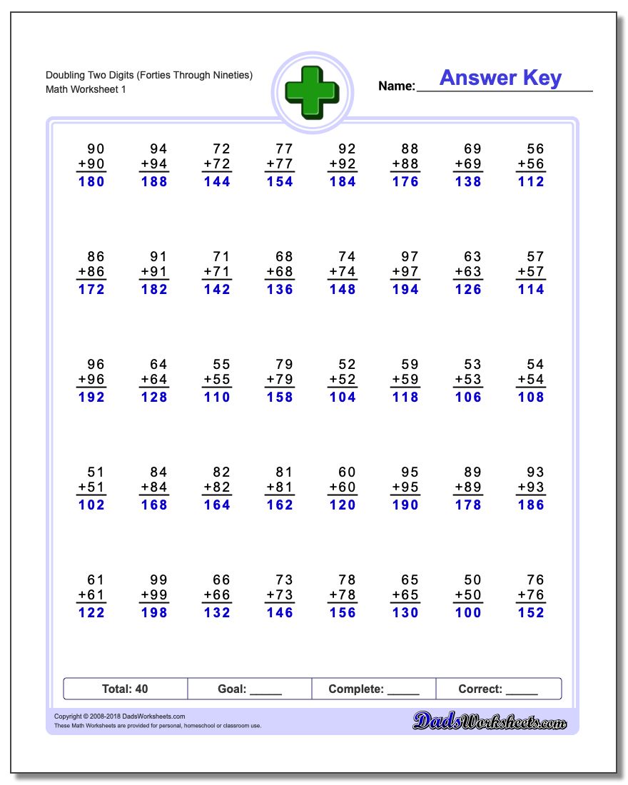 Doubling Two Digits (Forties Through Nineties) Addition Worksheet