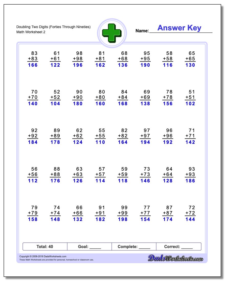 Doubling Two Digits (Forties Through Nineties) www.dadsworksheets.com/worksheets/addition.html Worksheet