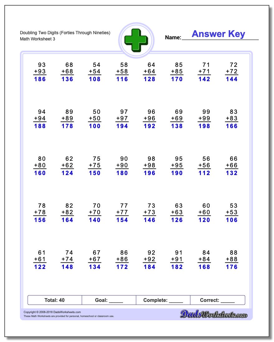 Doubling Two Digits (Forties Through Nineties) Worksheet