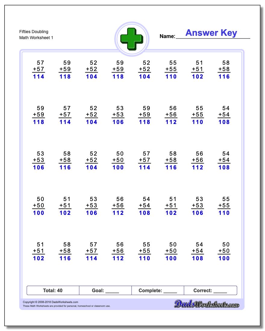 Fifties Doubling Addition Worksheet