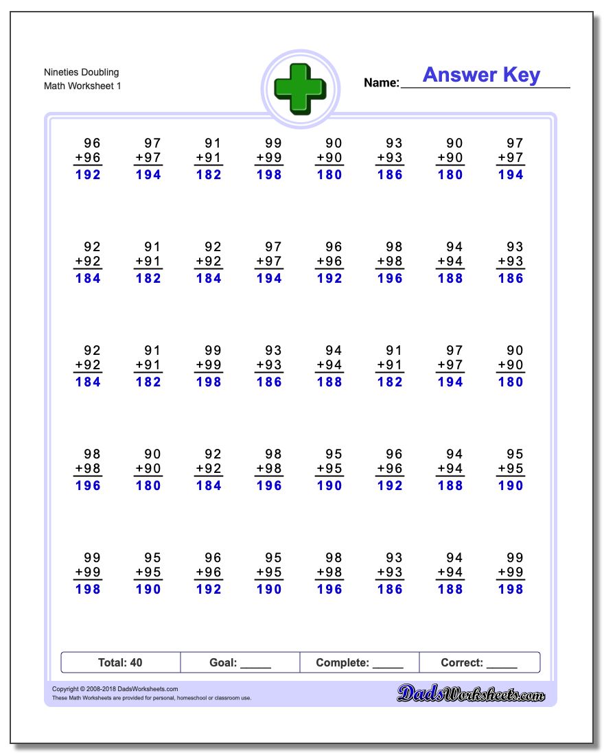 Nineties Doubling Addition Worksheet